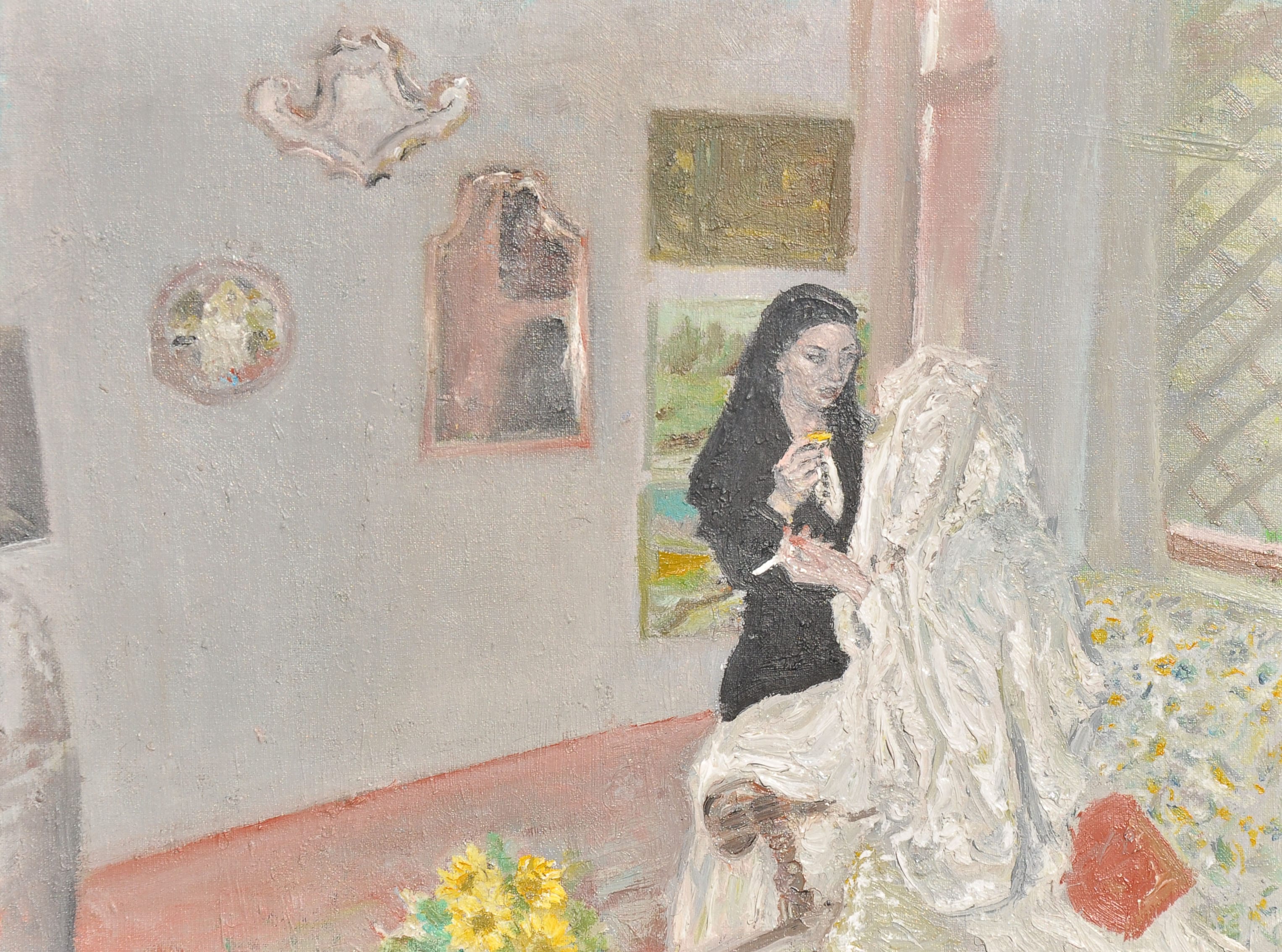 Suora mentre trucca la madonna seduta di sbieco sul mio divano con sfondo un po alla Vermeer un po alla VanGogh e un po a cazzo 40x30
